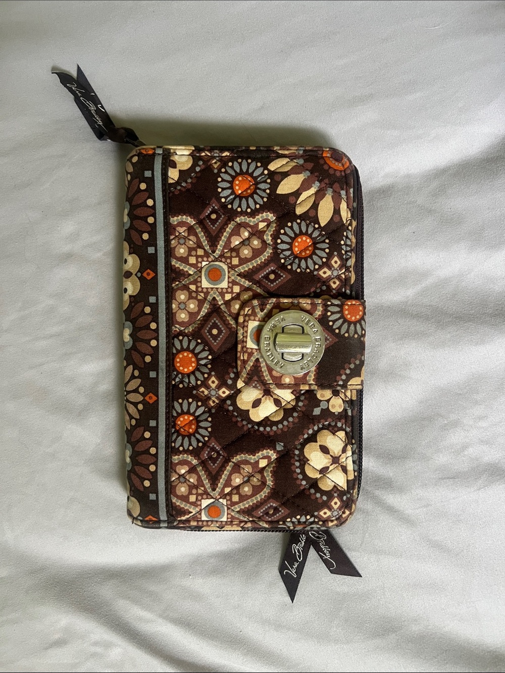 Vera Bradley Brown Floral Quilted Wallet with Orange Accents
